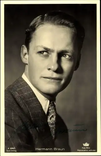 Ak Schauspieler Hermann Braun, Portrait, Krawatte, Anzug, Autogramm
