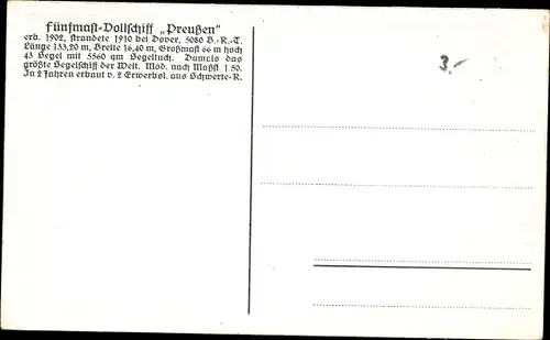 Ak Segelschiff, Fünfmast Vollschiff Preußen