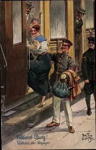 Künstler Ak Thiele, Arthur, Felddienstübung, Verladen der Bagage, Soldat hilft Frau beim Zugeinstieg