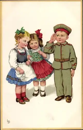 Künstler Ak Döring, Lia, Meine Bekanntschaft, Junge in Uniform, Mädchen