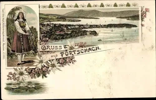 Litho Pörtschach am Wörther See Kärnten, Panorama, Frau in Tracht