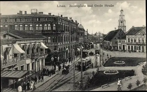 Ak Liepaja Libau Lettland, Rosenplatz, Große Straße, Straßenbahnen