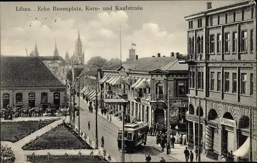 Ak Liepaja Libau Lettland, Ecke Rosenplatz, Kornstraße, Kaufstraße, Straßenbahn