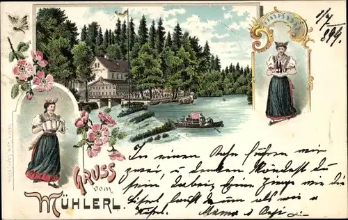 Litho Cheb Eger Reg. Karlsbad, Gruß vom Mühlerl, Waldrestauration