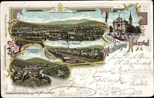 Litho Wien Penzing Hadersdorf Weidlingau, Panorama, Kirche Mariabrunn, Sanatorium, Georgenberg