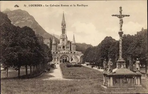 Ak Lourdes Hautes Pyrénées, Le Calvaire Breton, la Basilique