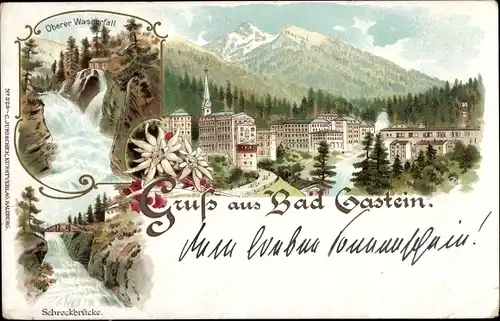 Litho Bad Gastein in Salzburg, Oberer Wasserfall, Schreckbrücke, Stadtansicht