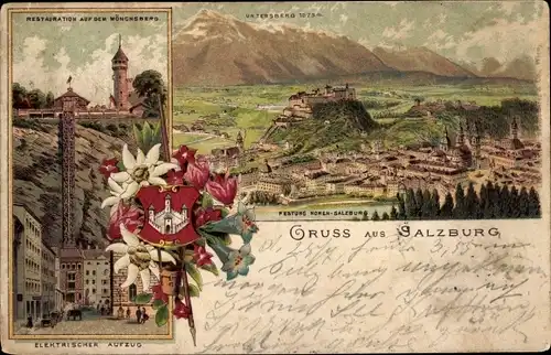Litho Salzburg Österreich, Panorama, Festung Hohensalzburg, Untersberg, Mönchsberg, Aufzug, Wappen