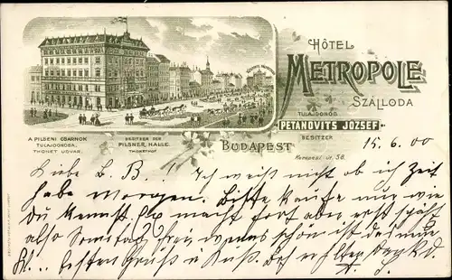 Litho Budapest Ungarn, Hotel Metropole, Szalloda, Inh. Petanovits Jozsef