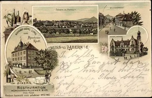 Litho Saverne Zabern Elsass Bas Rhin, Restauration zum Münchener Kindl, Bahnhofstraße, Postamt