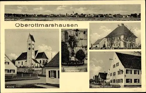 Ak Oberottmarshausen in Schwaben, Pfarrhof, Schule, Gasthaus zum Hirsch, Kirche, Totalansicht