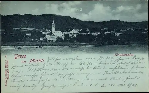 Mondschein Ak Marktl am Inn Oberbayern, Totalansicht der Ortschaft