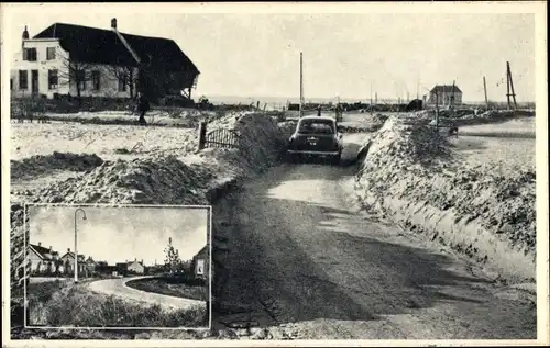 Ak Schouwen Duiveland Zeeland, Met grote moeite in de toegang tot Ouwerkerk, Stormramp 1953