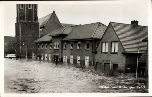 Ak Kruiningen Zeeland Niederlande, Watersnood, Hochwasser, überschwemmte Häuser