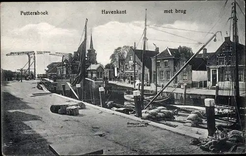 Ak Puttershoek Südholland, Havenkant met brug
