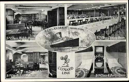 Ak Dampfer RMS Andania, Cunard Line, Innenansichten, 3rd Class 4 Berth Room