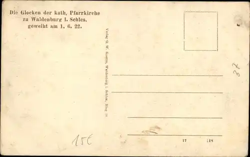 Ak Wałbrzych Waldenburg Schlesien, Glocken der kath. Pfarrkirche, geweiht 01.06.1922