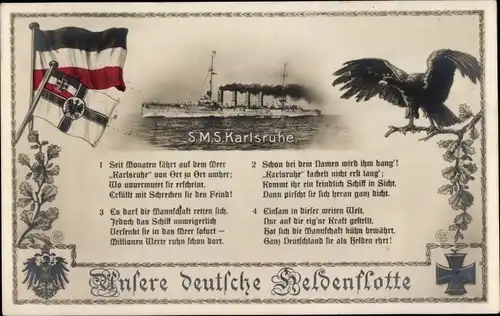 Lied Ak Deutsches Kriegsschiff, SMS Karlsruhe, Kleiner Kreuzer, Fahnen, Adler