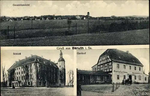 Ak Baruth Malschwitz Oberlausitz, Gesamtansicht, Schloss, Gasthof zur Sonne