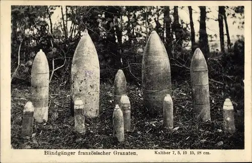Ak Blindgänger französischer Granaten, Kaliber 7, 5, 10, 15, 28 cm, I. WK