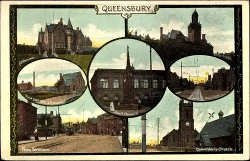 Ak Queensbury West Yorkshire England, Train Terminus, Church, Albert Memorial, Black Dyke Mills