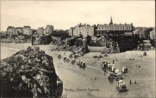 Ak Tenby Wales, South Sands, Badewagen