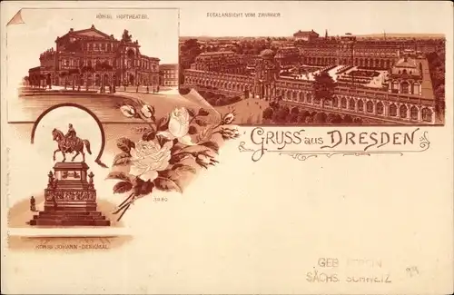 Litho Dresden Altstadt, Königliches Hoftheater, König Johann Denkmal, Zwinger