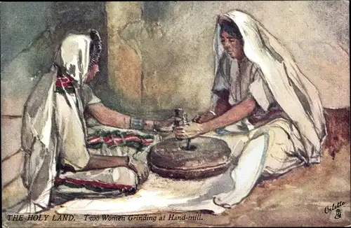 Künstler Ak The Holy Land, two women grinding at hand mill