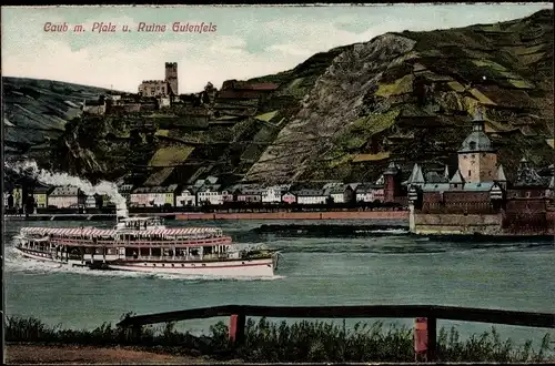 Ak Caub Kaub am Rhein, Burg Pfalzgrafenstein, Pfalz, Salondampfer Frauenlob, Ruine Gutenfels