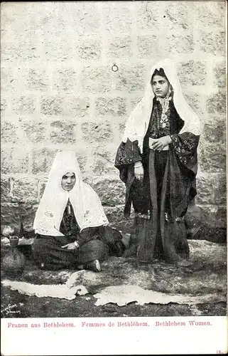 Ak Betlehem Palästina, Zwei Frauen in Volkstrachten, Kopftücher
