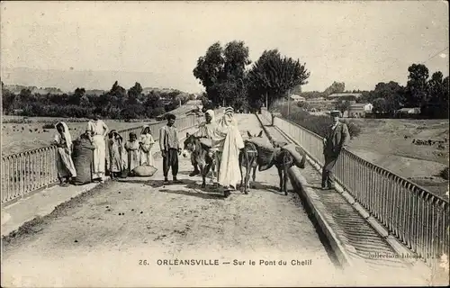 Ak Orleansville Ech Cheliff Algerien,, Sur le Pont du Chelif, Einheimische mit Eseln