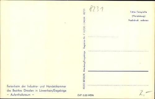 Ak Löwenhain Altenberg im Erzgebirge, Ferienheim d. Industrie- u. Handelsk. Dresden, Aufenthaltsraum