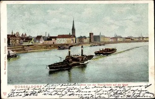 Ak Düsseldorf am Rhein, Blick von der Rheinbrücke auf die Stadt, Dampfer