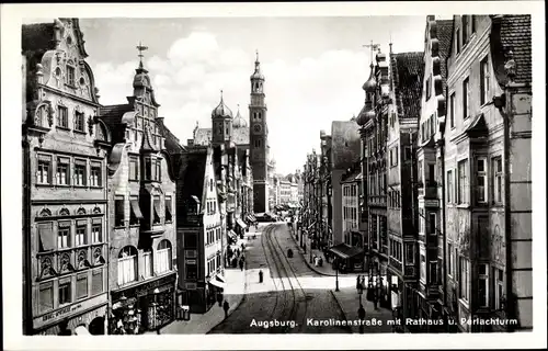 Ak Augsburg in Schwaben, Karolinenstraße mit Rathaus u. Perlachturm, Engelapotheke