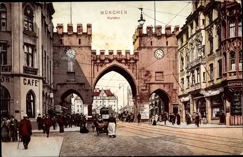 Ak München, Karlstor, Straßenbahn, Café, Geschäfte