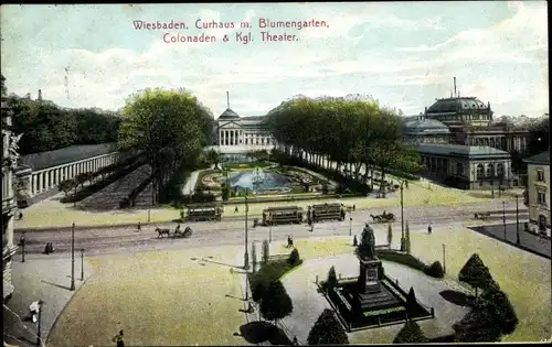 Ak Wiesbaden in Hessen, Kurhaus mit Blumengarten, Colonaden, Kgl. Theater