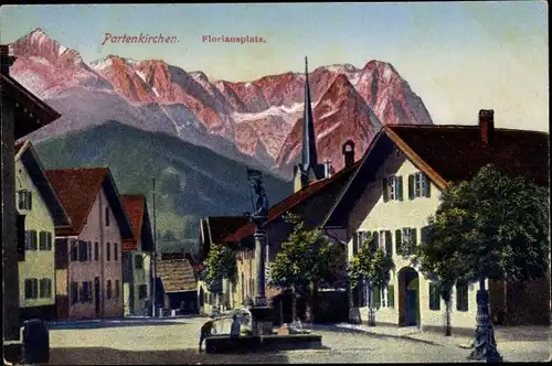 Ak Garmisch Partenkirchen in Oberbayern, Floriansplatz, Kirchturm