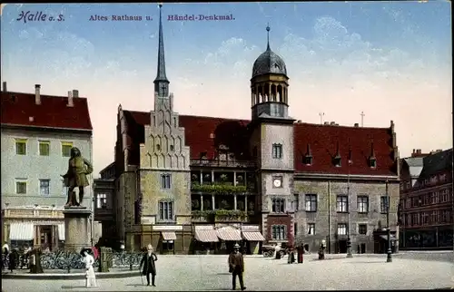 Ak Halle an der Saale, Altes Rathaus und Händeldenkmal