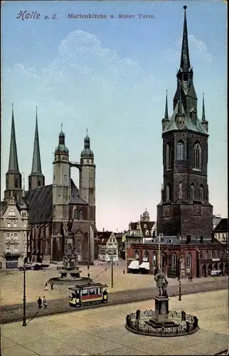 Ak Halle an der Saale, Marienkirche, Roter Turm, Straßenbahn, Denkmal