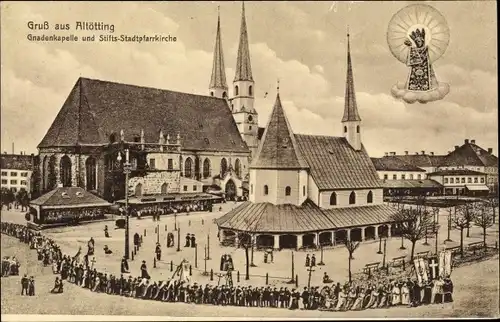 Ak Altötting in Oberbayern, Gnadenkapelle und Stifts-Stadtpfarrkirche, Prozession