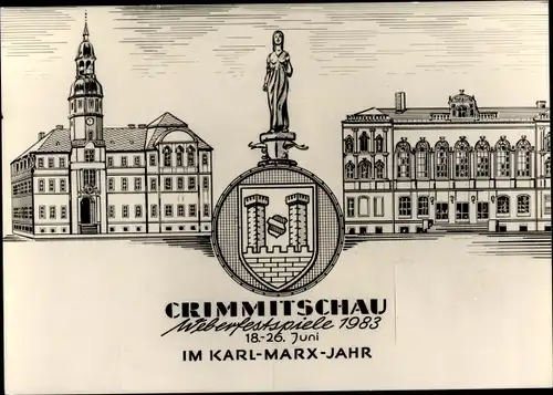 Ak Crimmitschau in Sachsen, Weberfestspiele 1983, 18.-26. Juni, Karl Marx Jahr, Wappen