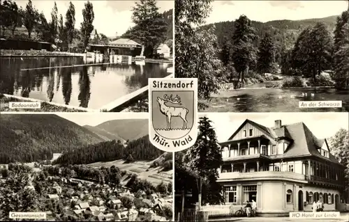 Ak Sitzendorf Thüringen, An der Schwarza, Badeanstalt, HO Hotel Zur Linde