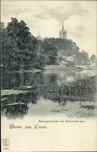 Ak Kleve am Niederrhein, Schwanenturm vom Kirmesdal aus
