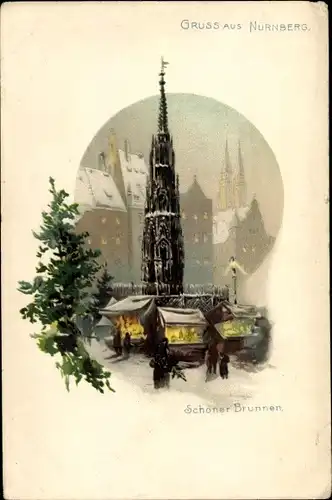 Litho Nürnberg in Mittelfranken Bayern, Schöner Brunnen, Winter