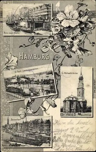 Ak Hamburg Mitte St. Pauli, Landungsbrücken, Gr. Michaelis Kirche, Dovenfleet, beim neuen Krahn