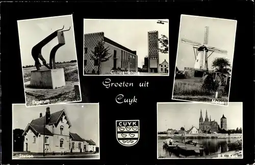 Ak Cuijk Nordbrabant, Station, Gemeentehuis, R. K. Kerk, Windmühle