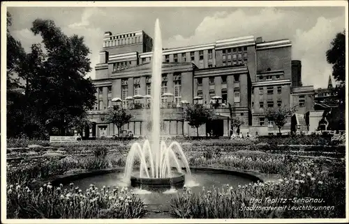 Ak Teplice Šanov Teplitz Schönau Region Aussig, Stadttheater, Park, Leuchtbrunnen, Fontäne