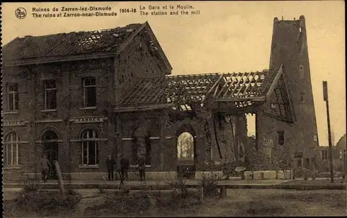 Ak Zarren Westflandern, La Gare et le Moulin, Kriegszerstörungen, I. WK