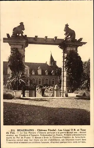 Ak Beauraing Wallonien Namur, Chateau Feodal, Les Lions O. B. et Tour du Fou