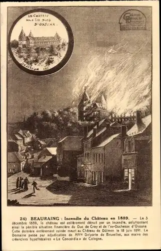 Ak Beauraing Wallonien Namur, Incendie du Chateau en 1889